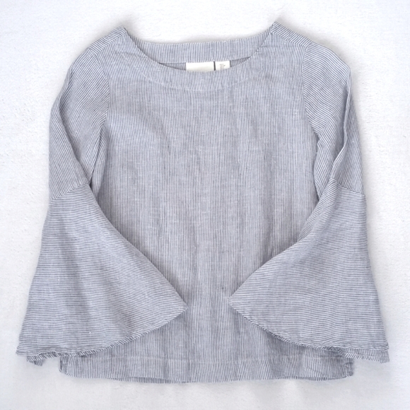 Cynthia Rowley 100% Linen Blue & White Pinstripe Bell Sleeve Top M - Picture 5 of 10
